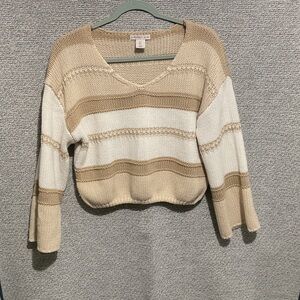 Sincerely Jules Beige and White V-Neck Sweater